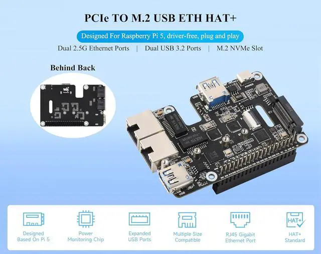 Alt view image 2 of 7 - PCIe to USB 3.2 Gen1 /2.5G ETH/M.2 NVMe Adapter Compatible with Raspberry Pi 5, Supports 2230/2242/2260/2280 NVMe M.2 Solid State Drive,Dual 2.5G Ethernet Ports &Dual USB 3.2 Ports & M.2 NVMe Slot