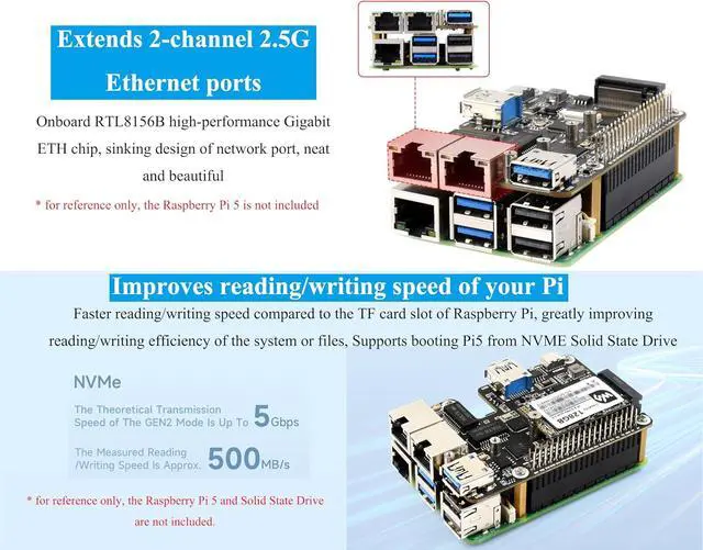 Alt view image 5 of 7 - PCIe to USB 3.2 Gen1 /2.5G ETH/M.2 NVMe Adapter Compatible with Raspberry Pi 5, Supports 2230/2242/2260/2280 NVMe M.2 Solid State Drive,Dual 2.5G Ethernet Ports &Dual USB 3.2 Ports & M.2 NVMe Slot