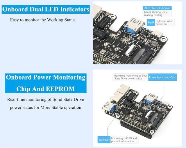Alt view image 6 of 7 - PCIe to USB 3.2 Gen1 /2.5G ETH/M.2 NVMe Adapter Compatible with Raspberry Pi 5, Supports 2230/2242/2260/2280 NVMe M.2 Solid State Drive,Dual 2.5G Ethernet Ports &Dual USB 3.2 Ports & M.2 NVMe Slot