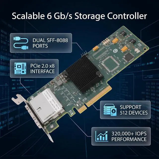Alt view image 3 of 7 - Zopsc 8 Port SAS HBA Controller Card PCIe 2.0 X8 6Gb S | External Storage Controller Support 512 Devices, with 2x SFF 8088 Connectors, for VMware Expansion