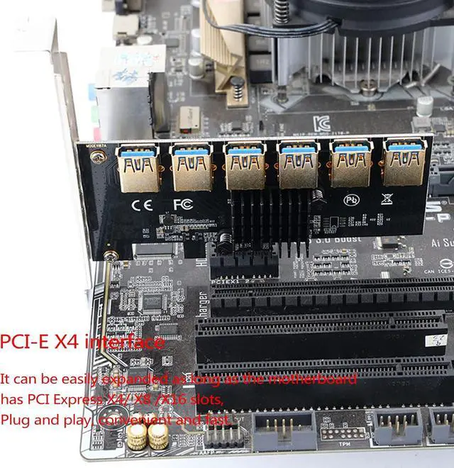Alt view image 4 of 6 - PCI-E Mining Card PCIe 6X USB 5Gbps -Express 1x to 16x Adapter 1 to 6 USB 3.0 Multiplier for BTC Miner -e Expansion Card Extender
