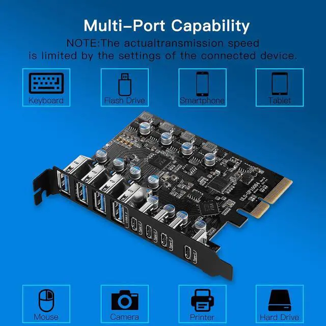 Alt view image 5 of 7 - 8-Port PCIe to USB3.2 Card Expansion 20Gbps 8 Ports USB3.1 Type-C X 4 & 1 TypeA PCIE Splitter Adapter Card UsbC Controller UsbC Interface Ultra-Fast Expansion
