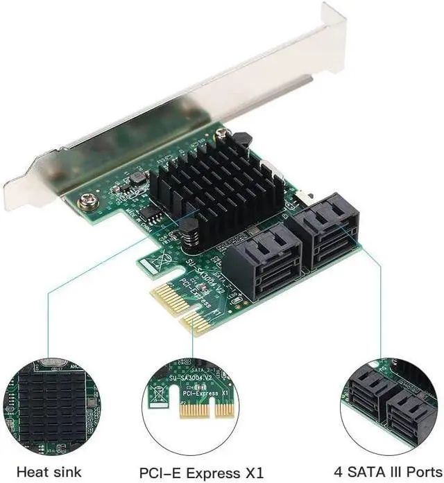 Alt view image 3 of 6 - PCI-E to 4 Ports SATA3.0 Adapter Card PCI-E to SATA3.0 Expansion Card 6Gbps Transmission Rate Multiple Systems Compatible