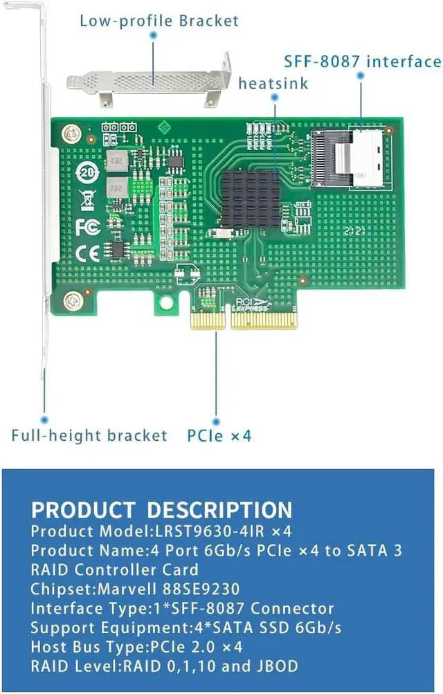 Alt view image 6 of 7 - PCIe x4 SATA RAID Card, 4 Port 6Gb/s, Marvell 88SE9230, RAID 0/1 Support, SFF-8087