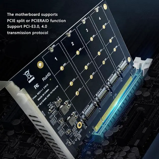 Alt view image 2 of 7 - Septpenta M.2 PCIE Adapter, 4X32gbps Full Speed Signal DC Power Chip, PCIE X16 Interface for Enhanced Heat Dissipation, PCIE 4.0 X16 4 Port M.2, PCIE Raid Function for Windows
