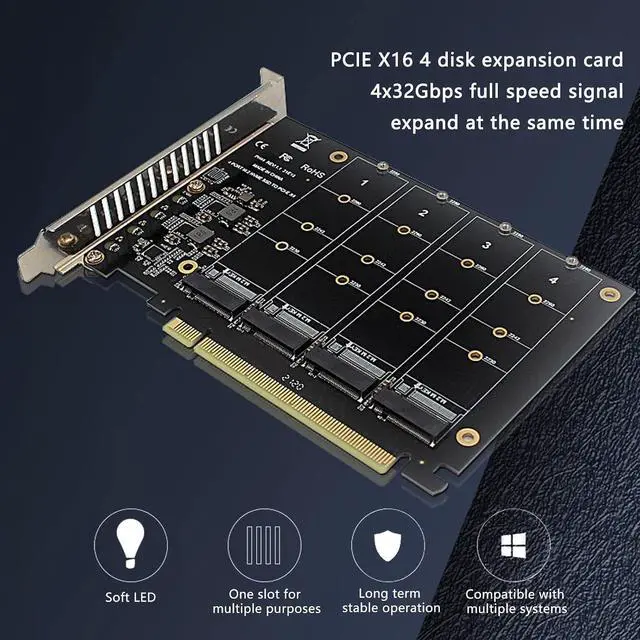 Alt view image 3 of 7 - Septpenta M.2 PCIE Adapter, 4X32gbps Full Speed Signal DC Power Chip, PCIE X16 Interface for Enhanced Heat Dissipation, PCIE 4.0 X16 4 Port M.2, PCIE Raid Function for Windows