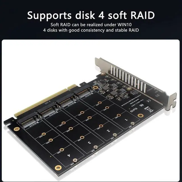 Alt view image 6 of 7 - Septpenta M.2 PCIE Adapter, 4X32gbps Full Speed Signal DC Power Chip, PCIE X16 Interface for Enhanced Heat Dissipation, PCIE 4.0 X16 4 Port M.2, PCIE Raid Function for Windows