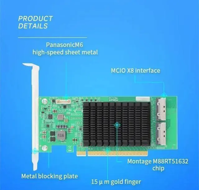 Alt view image 4 of 7 - PCIe5.0 Retimer NVMe Adapter, Two x8 MCIO Connector, PCIe 5.0 x16 Enabled NVMe Gen5.0 SSD or PCIe 5.0 Device