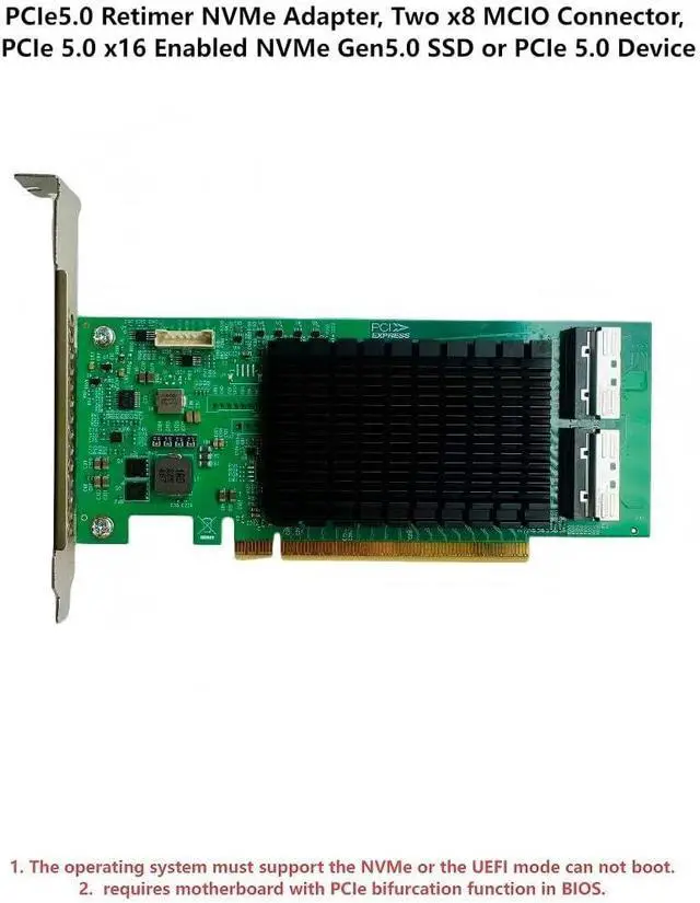 Alt view image 7 of 7 - PCIe5.0 Retimer NVMe Adapter, Two x8 MCIO Connector, PCIe 5.0 x16 Enabled NVMe Gen5.0 SSD or PCIe 5.0 Device