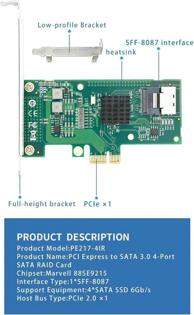 Alt view image 6 of 7 - PCIe SATA RAID Controller Card, 4-Port 6Gb/s, Marvell 88SE9230, RAID 0/1 Support