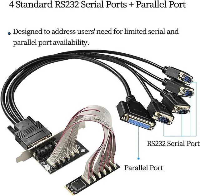 Alt view image 2 of 7 - M.2 (B+M Key) to 4-Port RS232 Serial Card + 1 Parallel Port Expansion Card, WCH384 Chip Industrial Controller Adapter PCIe M.2 to DB9 RS232 and DB25 Parallel Interface