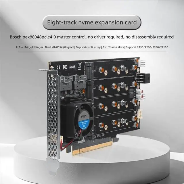 Alt view image 2 of 7 - 8-Drive NVMe SSD to PCIe 4.0 X 16 Adapter Card with Active Cooling (88048 8-Drive NVMe Expansion Card, pro)