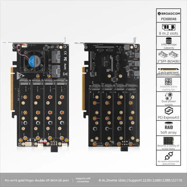 Alt view image 3 of 7 - 8-Drive NVMe SSD to PCIe 4.0 X 16 Adapter Card with Active Cooling (88048 8-Drive NVMe Expansion Card, pro)