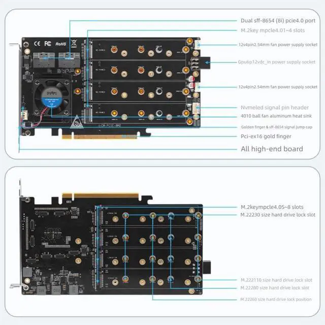 Alt view image 6 of 7 - 8-Drive NVMe SSD to PCIe 4.0 X 16 Adapter Card with Active Cooling (88048 8-Drive NVMe Expansion Card, pro)
