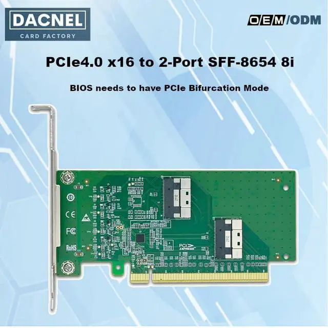 Alt view image 2 of 7 - DACNEL PCIe 4.0 x16 to Dual SFF-8654 8i Adapter Card, 2-Port SlimSAS, NVMe SSD Compatible