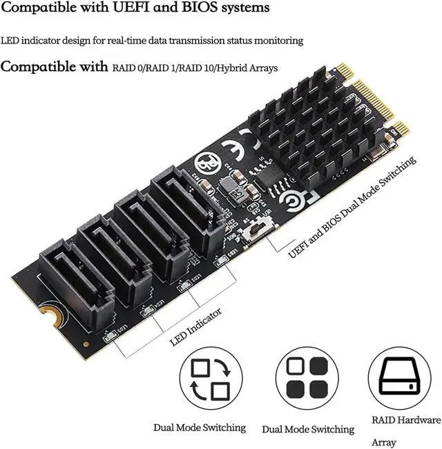 Alt view image 2 of 7 - M.2 (B+M Key) to 4-Port SATA 6Gbps RAID Controller Card, 9236 Chip SATA 3.0 Expansion Adapter Supports RAID 0/1/10 High-Speed SSD/HDD PCIe M.2 RAID Card