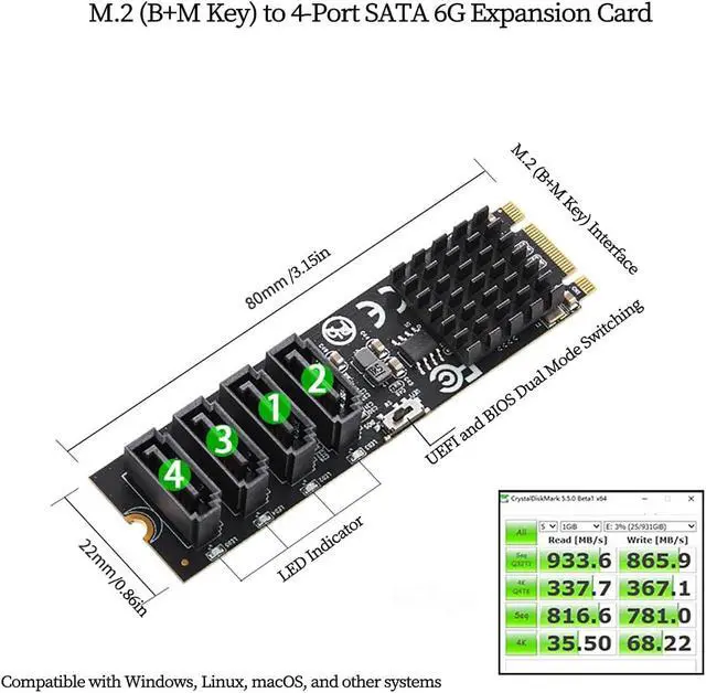 Alt view image 5 of 7 - M.2 (B+M Key) to 4-Port SATA 6Gbps RAID Controller Card, 9236 Chip SATA 3.0 Expansion Adapter Supports RAID 0/1/10 High-Speed SSD/HDD PCIe M.2 RAID Card