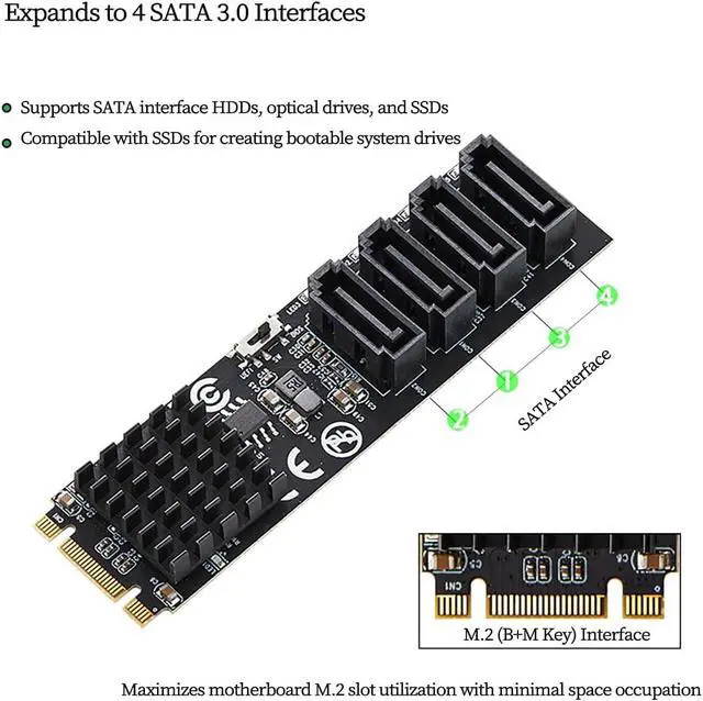 Alt view image 3 of 7 - M.2 (B+M Key) to 4-Port SATA 6Gbps RAID Controller Card, 9236 Chip SATA 3.0 Expansion Adapter Supports RAID 0/1/10 High-Speed SSD/HDD PCIe M.2 RAID Card