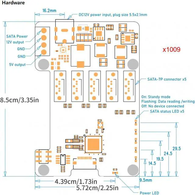 Alt view image 6 of 7 - X1009 PCIe to 5-Port SATA3.0 Expansion Board Compatible with 5 5B 5Gbps High Speed Data Transfer Controller Card Allows 5 Hard Drives Connection Simultaneously with 12V Input Power Module