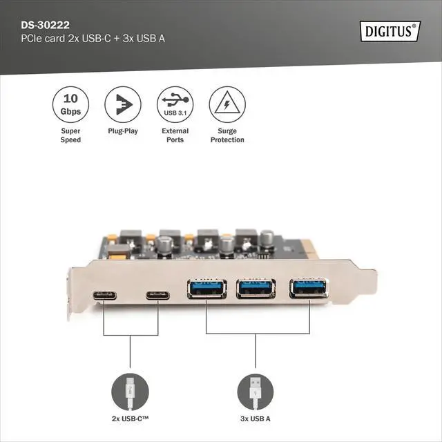 Alt view image 2 of 7 - DIGITUS PCIe card 2x USB-C, 3x USB A