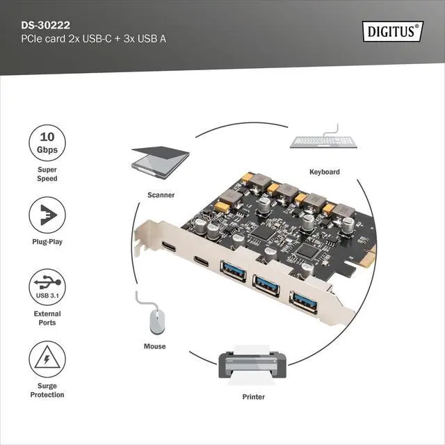 Alt view image 3 of 7 - DIGITUS PCIe card 2x USB-C, 3x USB A