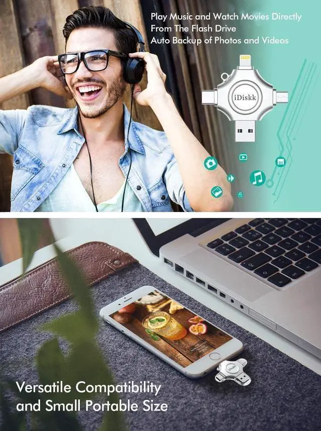 Alt view image 6 of 6 - MFi Certified iDiskk 128GB Flash Drive for iPhone 17 16 iPad USB 3.0 Lightning Drive 4 in 1 Multi Functional External Storage for iOS and Android Samsung Phones Type c Devices and MacBook Photo Drive