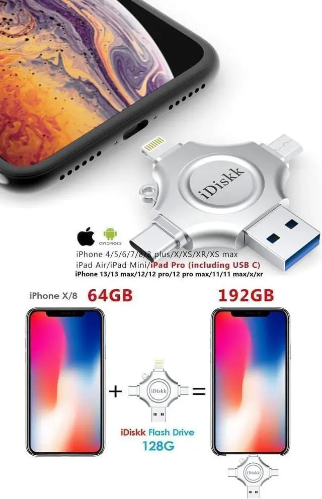 Alt view image 2 of 6 - MFi Certified iDiskk 128GB Flash Drive for iPhone 17 16 iPad USB 3.0 Lightning Drive 4 in 1 Multi Functional External Storage for iOS and Android Samsung Phones Type c Devices and MacBook Photo Drive
