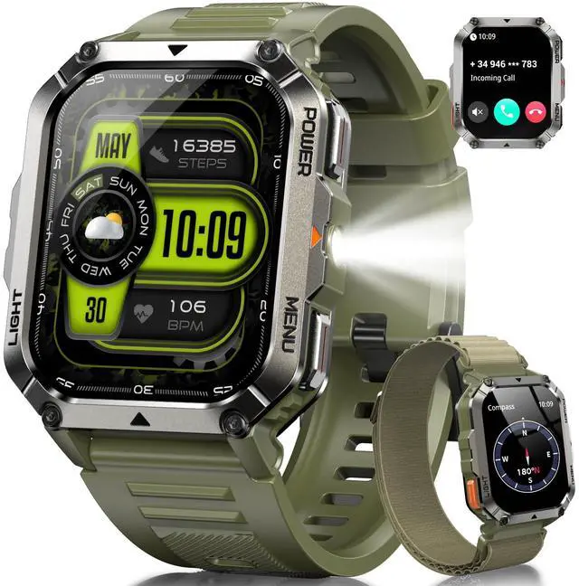Main image of Military Smart Watches for MenSmart Watch for Android iPhone with Large 2.01"Fitness HD Display/Flashlight/100-Day Battery/Compass/Heart Rate/120+ Sports Modes/IP68 Waterproof Smartwatch 2 Straps)