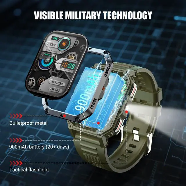 Alt view image 2 of 7 - Military Smart Watches for MenSmart Watch for Android iPhone with Large 2.01"Fitness HD Display/Flashlight/100-Day Battery/Compass/Heart Rate/120+ Sports Modes/IP68 Waterproof Smartwatch 2 Straps)