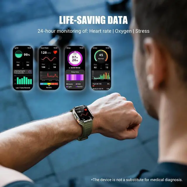 Alt view image 3 of 7 - Military Smart Watches for MenSmart Watch for Android iPhone with Large 2.01"Fitness HD Display/Flashlight/100-Day Battery/Compass/Heart Rate/120+ Sports Modes/IP68 Waterproof Smartwatch 2 Straps)