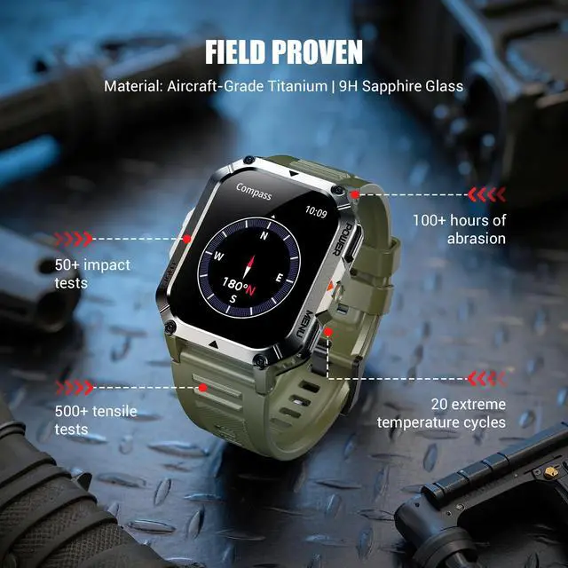 Alt view image 4 of 7 - Military Smart Watches for MenSmart Watch for Android iPhone with Large 2.01"Fitness HD Display/Flashlight/100-Day Battery/Compass/Heart Rate/120+ Sports Modes/IP68 Waterproof Smartwatch 2 Straps)