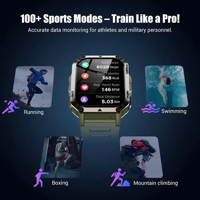 Alt view image 6 of 7 - Military Smart Watches for MenSmart Watch for Android iPhone with Large 2.01"Fitness HD Display/Flashlight/100-Day Battery/Compass/Heart Rate/120+ Sports Modes/IP68 Waterproof Smartwatch 2 Straps)