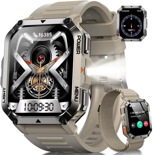 Main image of Military Smart Watch for Men (Answer/Make Calls), 2.01" Fitness Watch Tracker with 100-Day Battery/Flashlight/Compass/Heart Rate/120+ Sports Modes/IP68 Waterproof Smartwatch for iOS Android(2 Straps)