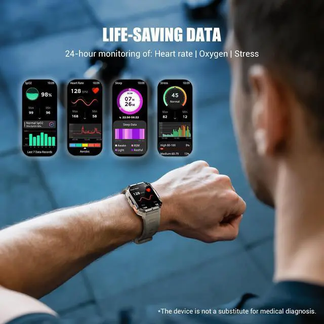 Alt view image 3 of 7 - Military Smart Watch for Men (Answer/Make Calls), 2.01" Fitness Watch Tracker with 100-Day Battery/Flashlight/Compass/Heart Rate/120+ Sports Modes/IP68 Waterproof Smartwatch for iOS Android(2 Straps)