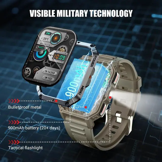 Alt view image 2 of 7 - Military Smart Watch for Men (Answer/Make Calls), 2.01" Fitness Watch Tracker with 100-Day Battery/Flashlight/Compass/Heart Rate/120+ Sports Modes/IP68 Waterproof Smartwatch for iOS Android(2 Straps)