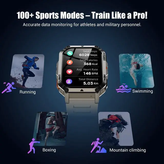 Alt view image 6 of 7 - Military Smart Watch for Men (Answer/Make Calls), 2.01" Fitness Watch Tracker with 100-Day Battery/Flashlight/Compass/Heart Rate/120+ Sports Modes/IP68 Waterproof Smartwatch for iOS Android(2 Straps)