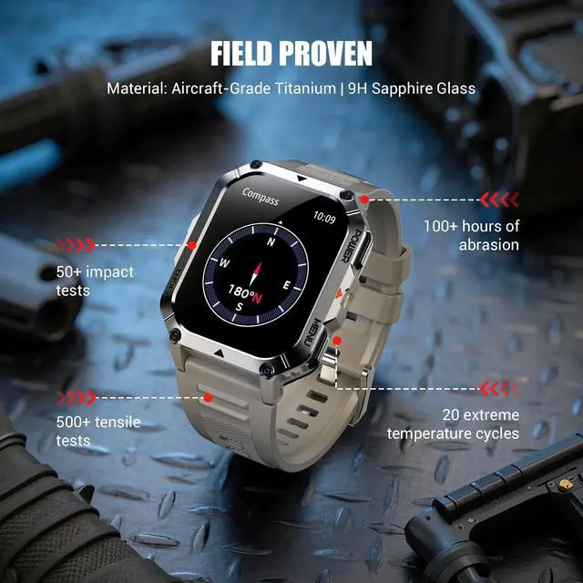 Alt view image 4 of 7 - Military Smart Watch for Men (Answer/Make Calls), 2.01" Fitness Watch Tracker with 100-Day Battery/Flashlight/Compass/Heart Rate/120+ Sports Modes/IP68 Waterproof Smartwatch for iOS Android(2 Straps)