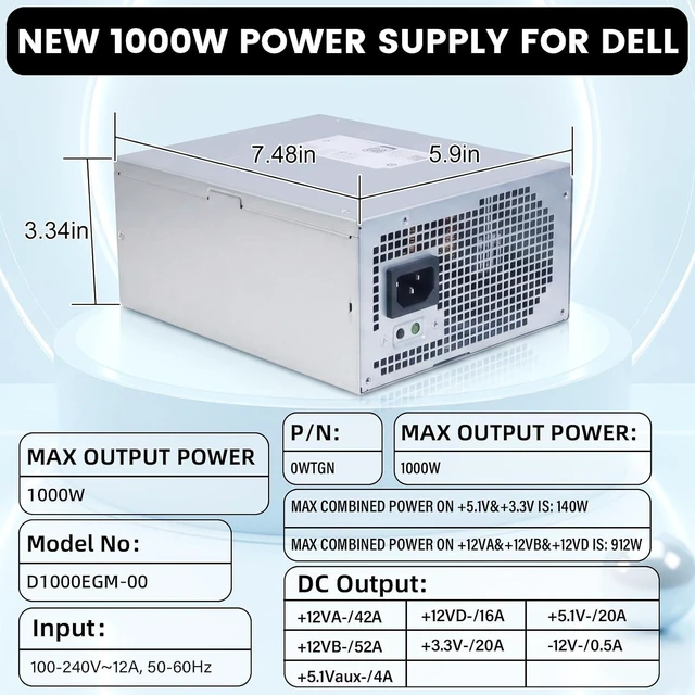 Alt view image 7 of 7 - LXun Upgraded D1000EGM-00 1000W Power Supply Version Workstation Server Gaming Full Modular Compatible with Dell Alienware Aurora A51 R9 R10 R11 R12 XPS 8920 8930 T3640 T3650 Inspiron 5675 0PDJK 0WTGN