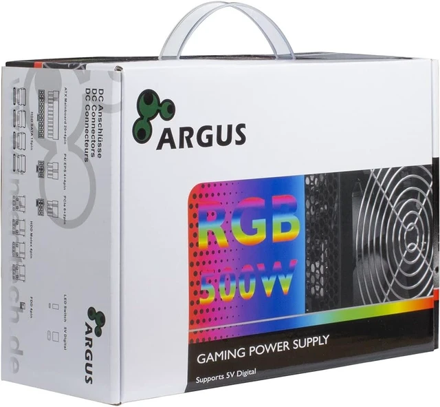 Alt view image 2 of 3 - Argus RGB-500W II Power Supply Unit 20+4 pin ATX Black