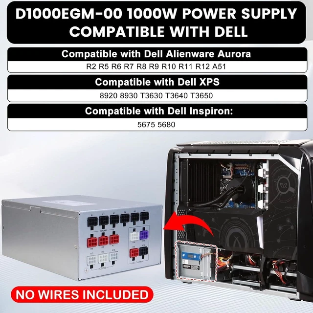 Alt view image 4 of 7 - LXun Upgraded D1000EGM-00 1000W Power Supply Version Workstation Server Gaming Full Modular Compatible with Dell Alienware Aurora A51 R9 R10 R11 R12 XPS 8920 8930 T3640 T3650 Inspiron 5675 0PDJK 0WTGN