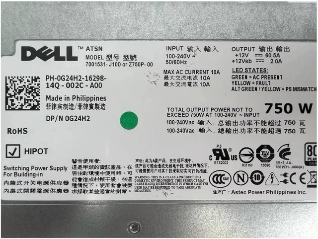 Alt view image 2 of 6 - 04T22V 7001531-J100 750W Hot Swap Power Supply for Dell PowerEdge R510 R715