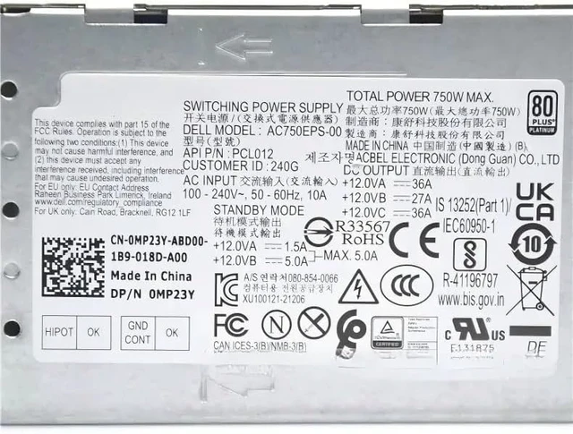 Alt view image 4 of 5 - for Dell 750W Power Supply for Alienware T3600 R13 R14 XPS 8950 AC750EPS-00
