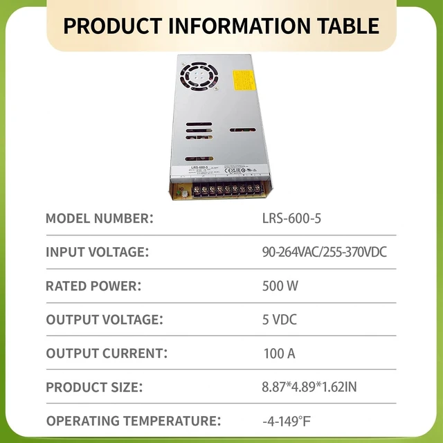 Alt view image 2 of 7 - LRS-600-5 600W 5V 100A Single Output Switching Power Supply, 90-302VAC/255-370VDC Input, 1U Low Profile, 5G Vibration Resistant, Industrial Automation, UL62368-1 Certified