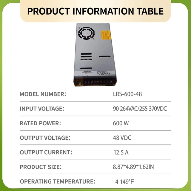 Alt view image 2 of 7 - LRS-600-48 48V 600W Single Output Switching Power Supply, 90-302VAC/255-370VDC Input, 12.5A, 1U Low Profile, 5G Vibration Resistant, Industrial Automation, UL/BS/IEC 62368-1 Certified
