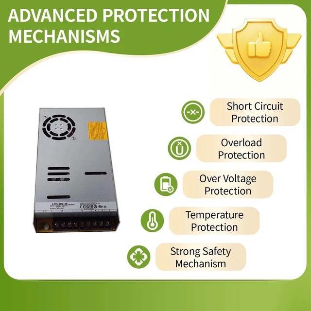 Alt view image 5 of 7 - LRS-600-48 48V 600W Single Output Switching Power Supply, 90-302VAC/255-370VDC Input, 12.5A, 1U Low Profile, 5G Vibration Resistant, Industrial Automation, UL/BS/IEC 62368-1 Certified