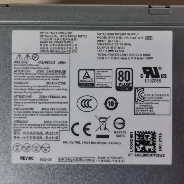 Alt view image 5 of 6 - Original New PSU for H P 280 Pro G3 MT 180W Power Supply L70042-002 D19-180P1A L70042-004 PCK017