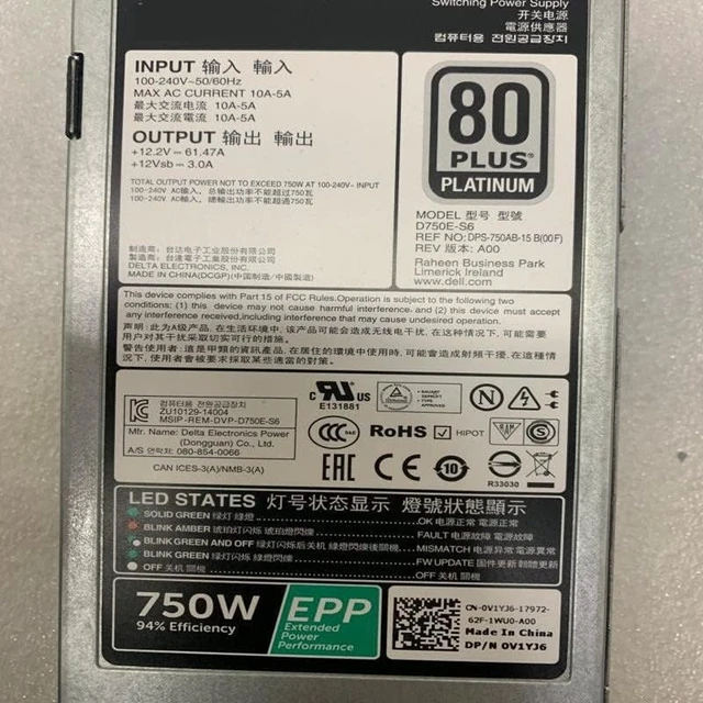 Alt view image 4 of 5 - PSU for R530 R630 R730 T430 EPP 750W Power Supply L750E-S0 G6W6K V1YJ6 HTRH4 TPJ2X D750E-S6 E750E-S1 0XW8W