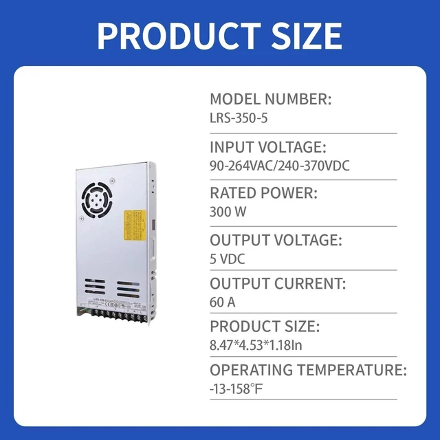 Alt view image 2 of 7 - LRS-350-5 5V 73A 350W Single Output Switching Power Supply, 115/230VAC Input, Industrial-Grade, 30mm Low Profile, for Industrial Automation, Machinery, Telecommunications