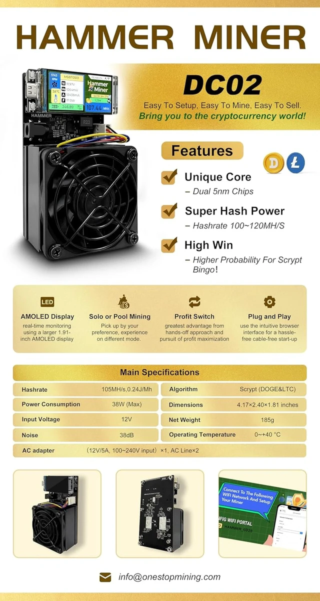 Alt view image 7 of 7 - New Hammer DC02 105MH/s 38W LTC&Doge Miner Solo Mining Lotto Device
