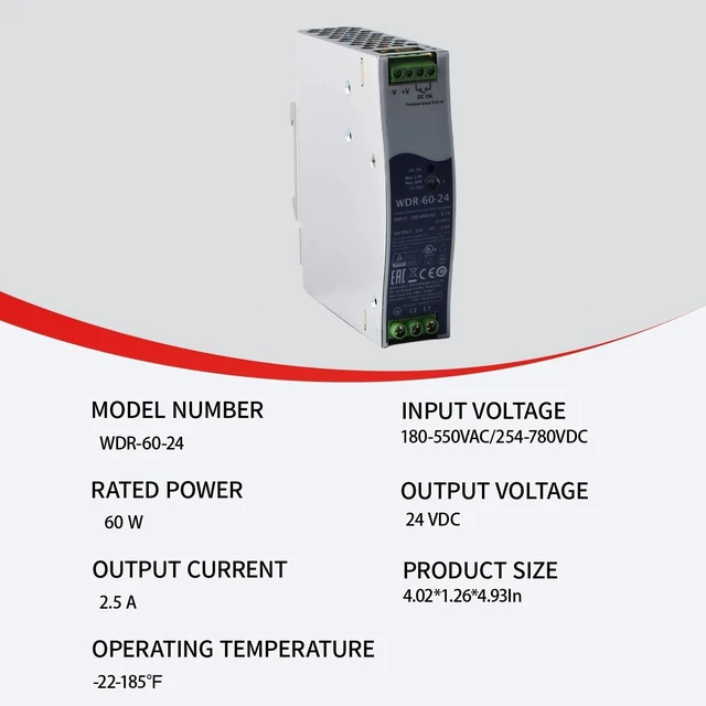 Alt view image 2 of 7 - WDR-60-24 24V 2.5A 60W Industrial Power Supply, Ultra Slim, Wide Input Voltage, for Automation Control
